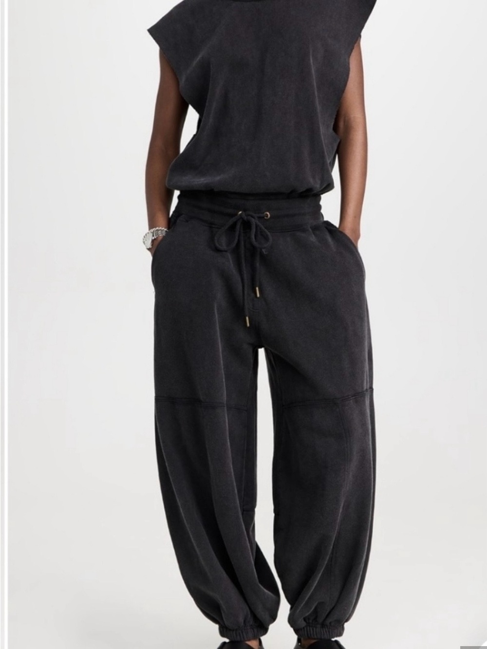 Relaxed Drawstring Jogger Onesie Pants in Black